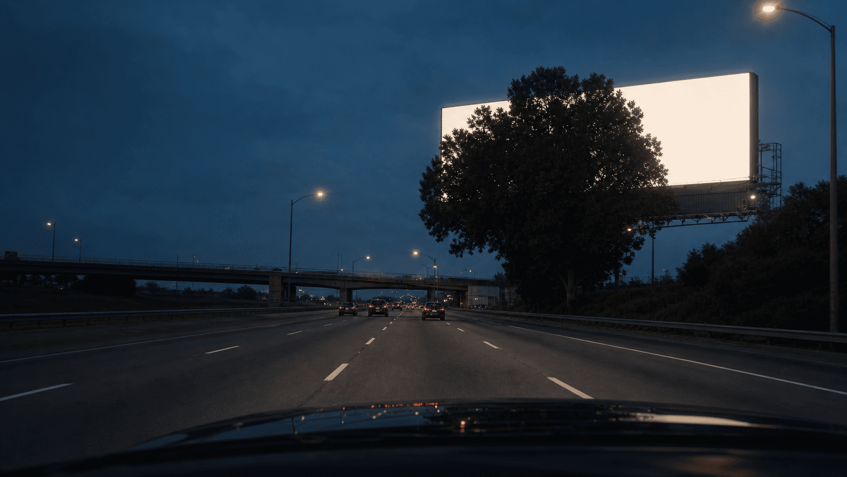 Surveyed driver sightline of a billboard partially blocked by a plane tree